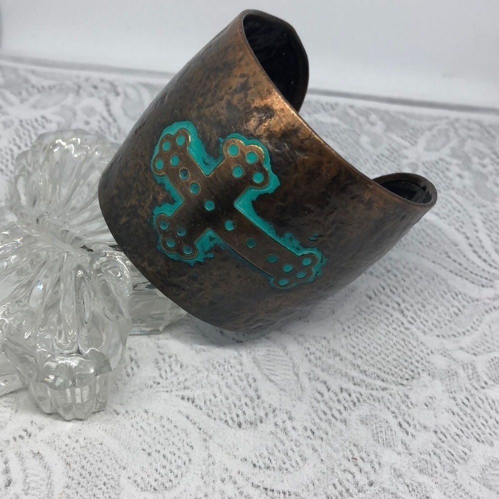 Artisan antique brass tone rustic distressed cross statement cuff bracelet